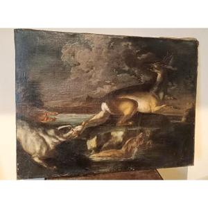 Scène De Chasse - Tableau Ancien Ecole Flamande Du 17ème Siècle 98x76 cm