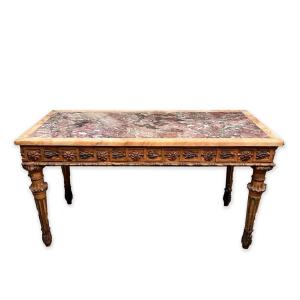 Table Louis XVI laquée et dorée, plateau en marbre