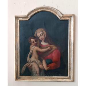 Peinture à l'huile ancienne sur toile « Vierge Marie à l'Enfant »