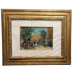 Francesco di Marino Naples 1892/1954 Huile sur panneau Scène de marché