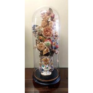 Antique Blown-glass Bell, Ceramic Vase, And Fabric Flowers, 19th Century