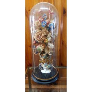 Antique Blown-glass Bell, Ceramic Vase, And Fabric Flowers, 19th Century