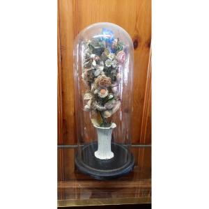 Antique Blown-glass Bell, Ceramic Vase, And Fabric Flowers, 19th Century
