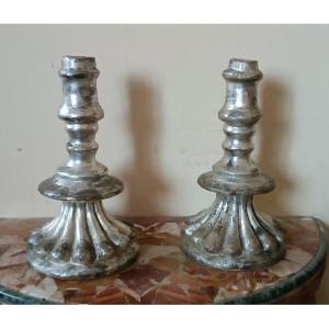 A Rare Pair Of Antique Silver-plated Terracotta Candlesticks From The 17th Century
