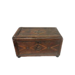 Antique 17th-century Inlaid Wooden Alms Box—w 30 Cm, D 20 Cm, H 18 Cm
