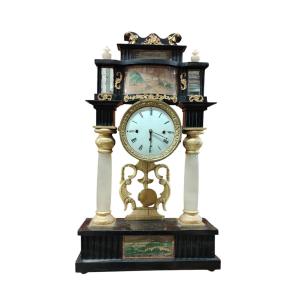 Biedermeier Temple-style Clock In Ebonized And Gilded Wood With Alabaster Columns, 19th Century