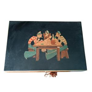 Coffret de jeu en bois incrusté du début des années 1900