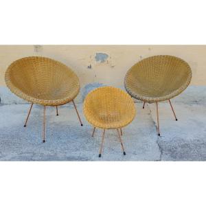RARE  ENSEMBLE DE TROIS FAUTEUILS EN OSIER DESIGN