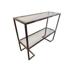 Console années 70, design minimaliste, laiton bruni et verre, style Mid-Century