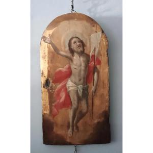 Antique Panel With Gold Background, The Risen Christ, Tabernacle Door Or Ciborium.