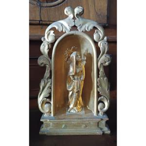 Small Antique Altar With A Gilded Wooden Sculpture Of The Virgin Mary—baroque Period