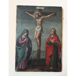 Tableau ancien, huile sur toile, crucifixion, XVIIIe siècle