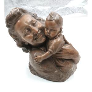 Sculpture De Maternité En Terre Cuite Des Années 1920/30 Signée A.pera