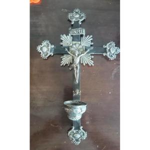 Crucifix ancien, bénitier en argent, Naples, XIXe siècle