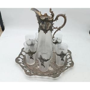 Plateau avec carafe et 6 verres, verre et métal argenté, fin du XIXe siècle