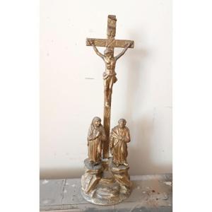 crucifix antique, crucifixion du Golgotha, bois doré, XIXe siècle