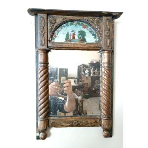 Small Antique Empire-style Mirror With Gilded Wood And Painted Glass