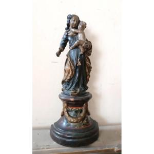 Ancienne sculpture en bois polychrome représentant la Vierge à l'Enfant, de style baroque