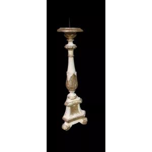 18th-century Wooden Candlestick, Gilded And Silver-plated, Original