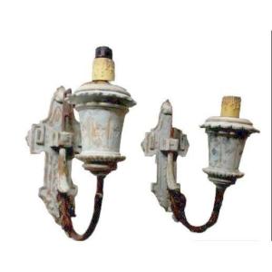 Pair Of Painted Wooden Wall Sconces, Late 19th Century