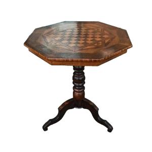 Table ancienne incrustée, jeu de dames, jeu d'échecs, Italie du XIXe siècle