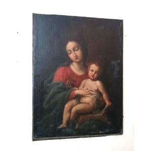 Antique Painting, Oil On Canvas, Madonna And Child