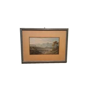 Aquarelle ancienne sur papier du début du XIXe siècle – paysage avec aqueduc et pont