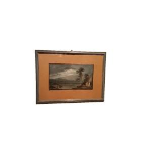 Aquarelle ancienne sur papier du début du XIXe siècle - paysage nocturne avec aqueduc et pont