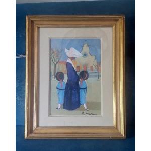 Oil Painting On Canvas-lined Cardboard By Rodolfo Marma, "le Monachine," S. Spirito