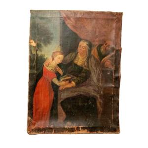 TABLEAU SUR TOILE DU XVIIe SIÈCLE : L'ÉDUCATION DE LA VIERGE