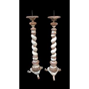 Antique Large Pair Of Baroque Candlesticks From The 18th Century, 130 Cm Tall
