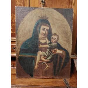 Antico Dipinto A Olio Su Tela Raffigurante La Madonna Con Il Bambino, Caratterizzato Da Un'impo