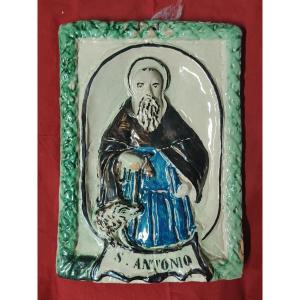 Devotional Plaque In Majolica Terracotta, St. Anthony The Abbot, Mid-19th Century,