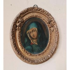 Tableau ovale ancien, cadre ancien, visage de la Vierge 25x21 cm
