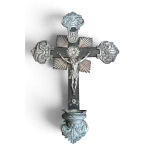 Antique Crucifix And Holy Water Font, Silver, 19th Century, Naples