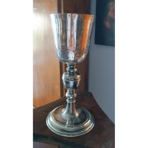 Calice antique pour la messe, en bronze argenté, avec une soucoupe en argent