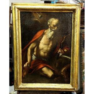 Antique Oil On Canvas In An Antique Frame Depicting Saint Jerome, 17th-century Italian School