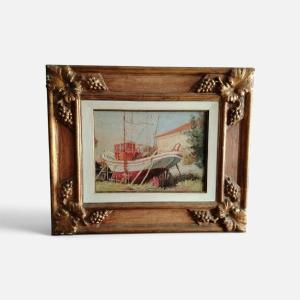 Peinture marine à l'huile sur Masonite, première moitié du 900, signée, cadre en bois doré
