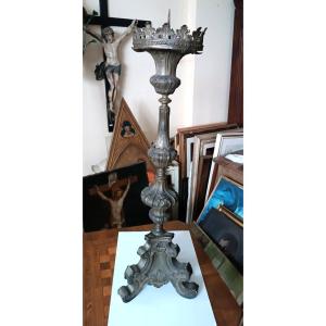 Large Antique Silver-plated Sheet Bronze Candlestick, 18th Century
