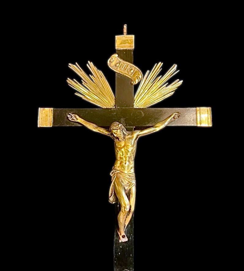 Crucifix En Bronze Avec Moulures En Argent Et Croix Avec Base En ébène. -photo-2