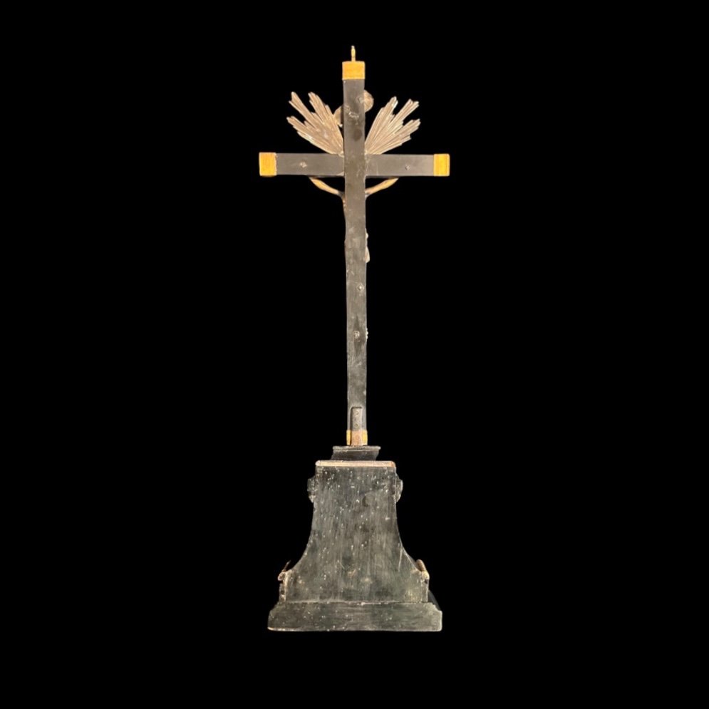 Crucifix En Bronze Avec Moulures En Argent Et Croix Avec Base En ébène. -photo-4