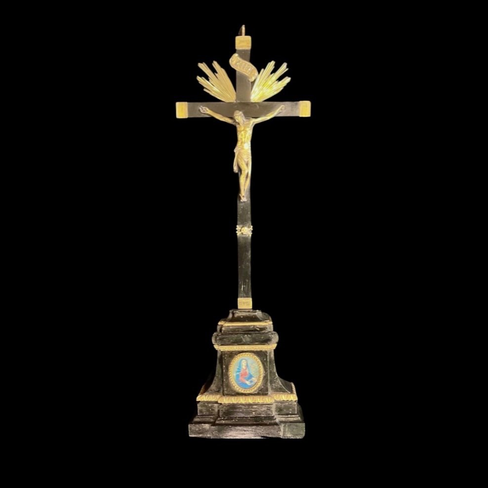 Bronze Crucifix With Silver Moldings And Cross With Ebony Base.
