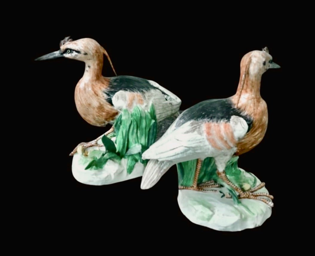 Paire d'Oiseaux Hérons En Porcelaine Polychrome, Manufacture Samson, France.-photo-2
