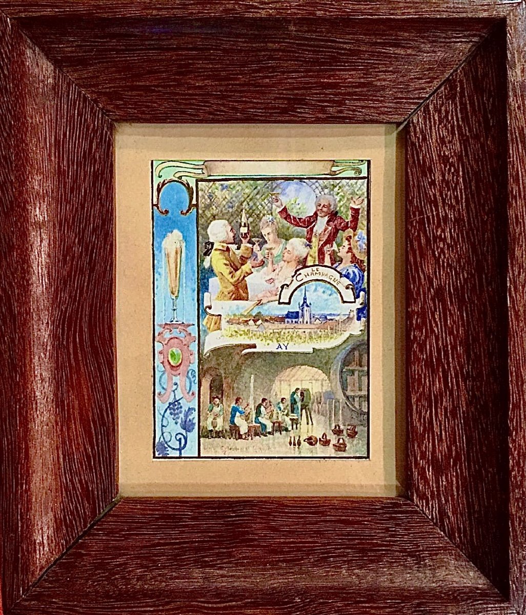 Série De 6 gouaches Encadrées Sur Papier Avec Des Scènes Sur La Production De Vin.france.e.auger