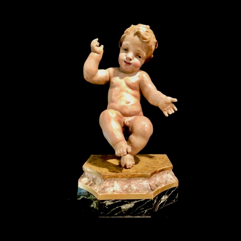 Child Jesus Sculpture In Polychrome Wood. Italy.  