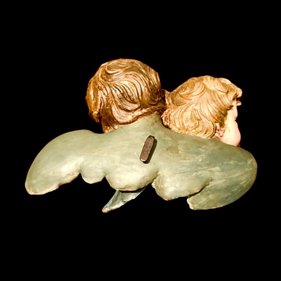 Sculpture En Bois Polychrome Représentant Une Paire d'Angelots.ligurie.-photo-4