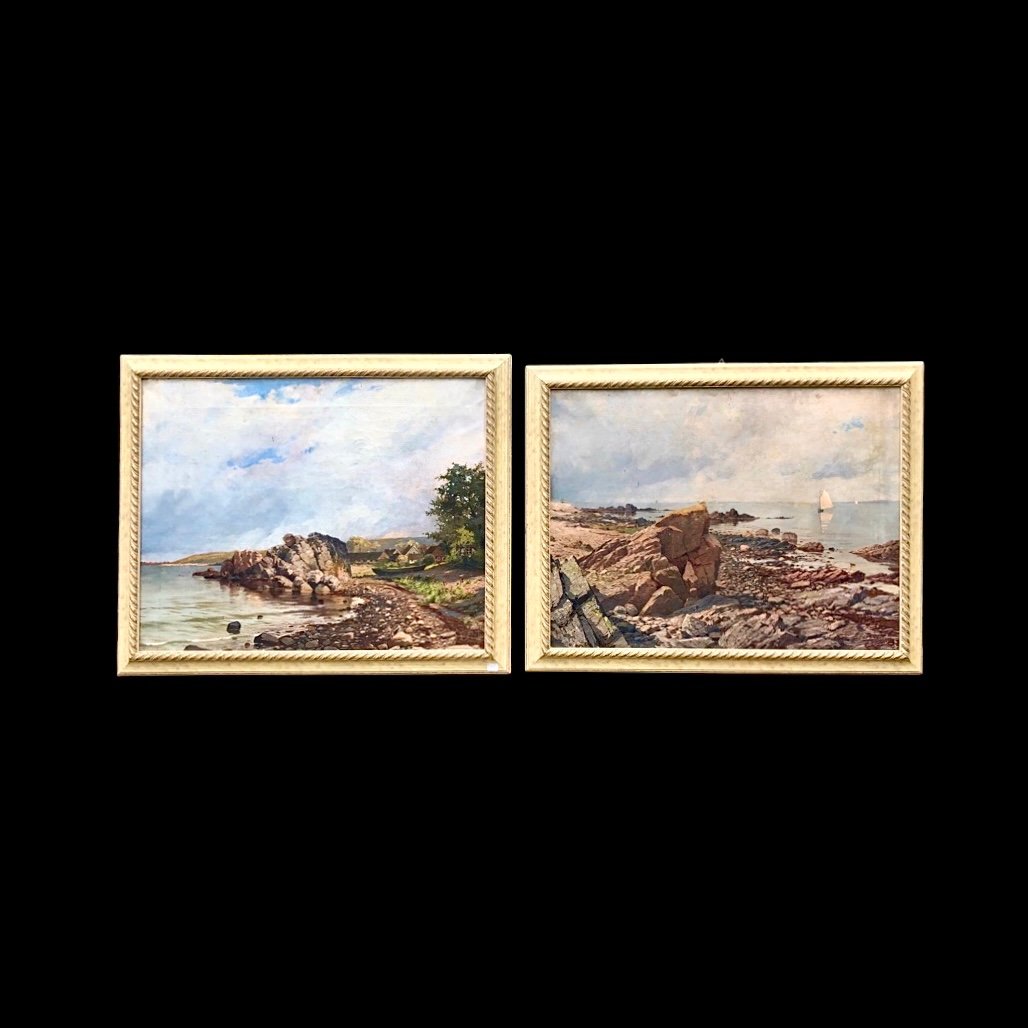 Paire De Peintures à l'Huile Sur Toile Représentant Des Paysages Marins Signé : Naw