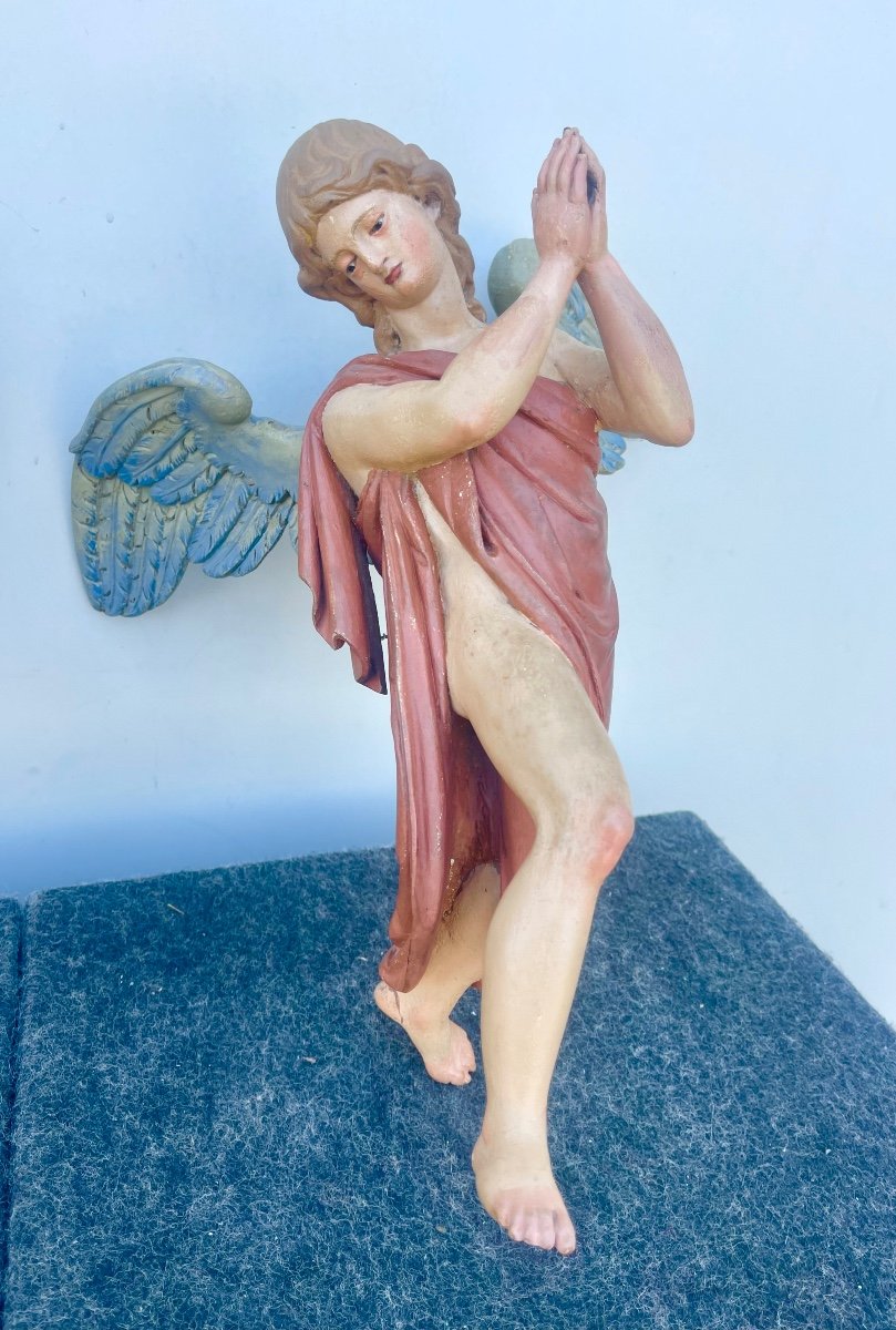 Paire d'Anges Pleine Figure Polychrome En Bois Sculpté Et Peint. Yeux En Verre. Ligurie. -photo-3
