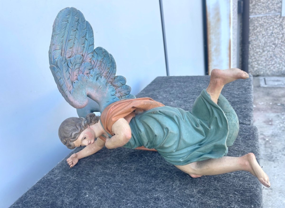Paire d'Anges Pleine Figure Polychrome En Bois Sculpté Et Peint. Yeux En Verre. Ligurie. -photo-7