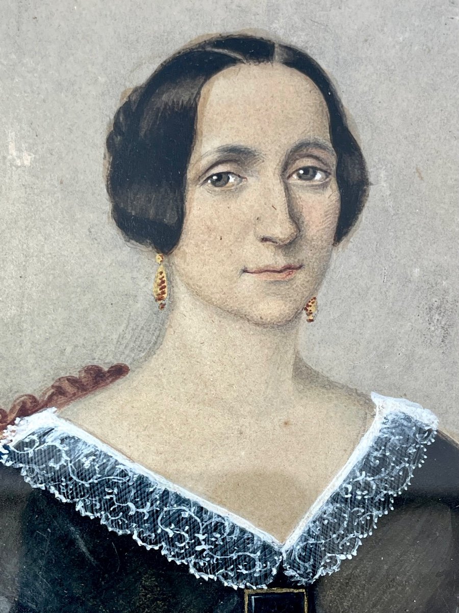Miniature à l'Huile Sur Carton Représentant Une Figure Féminine. -photo-2